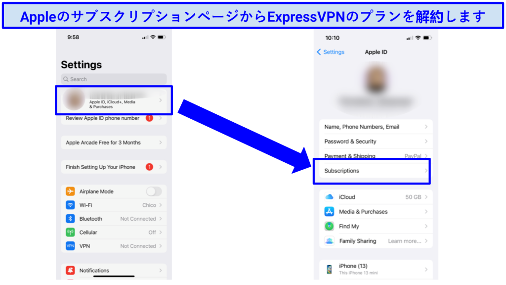 Screenshot showing steps of how to cancel ExpressVPN in Apple's App Store