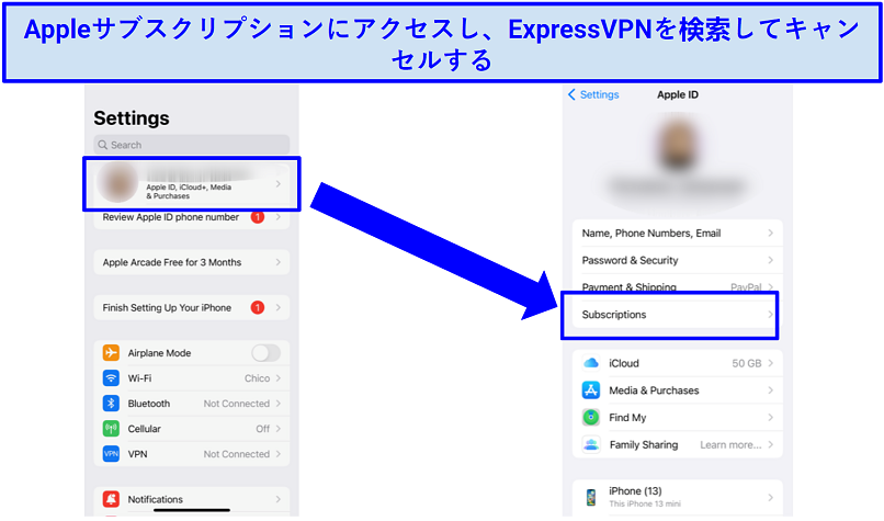 Screenshot showing steps of how to cancel ExpressVPN in Apple's App Store