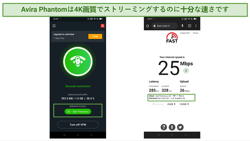screenshot showing speed test results with Avira Phantom VPN connected