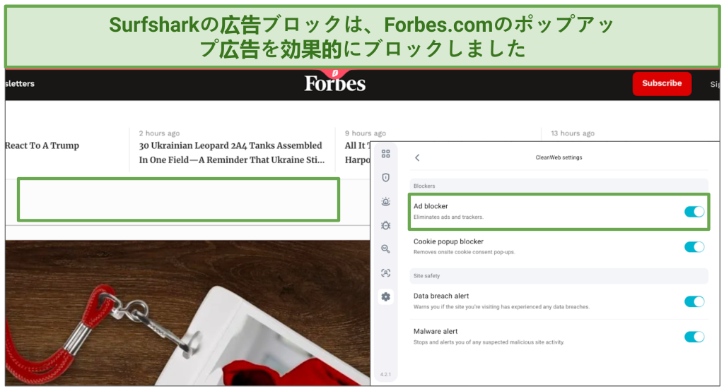 A screenshot showing Surfshark's Chrome extension ad blocker blocking pop-up ads on Forbes