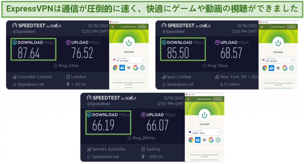 Screenshots showing ExpressVPN's good long-distance server speeds