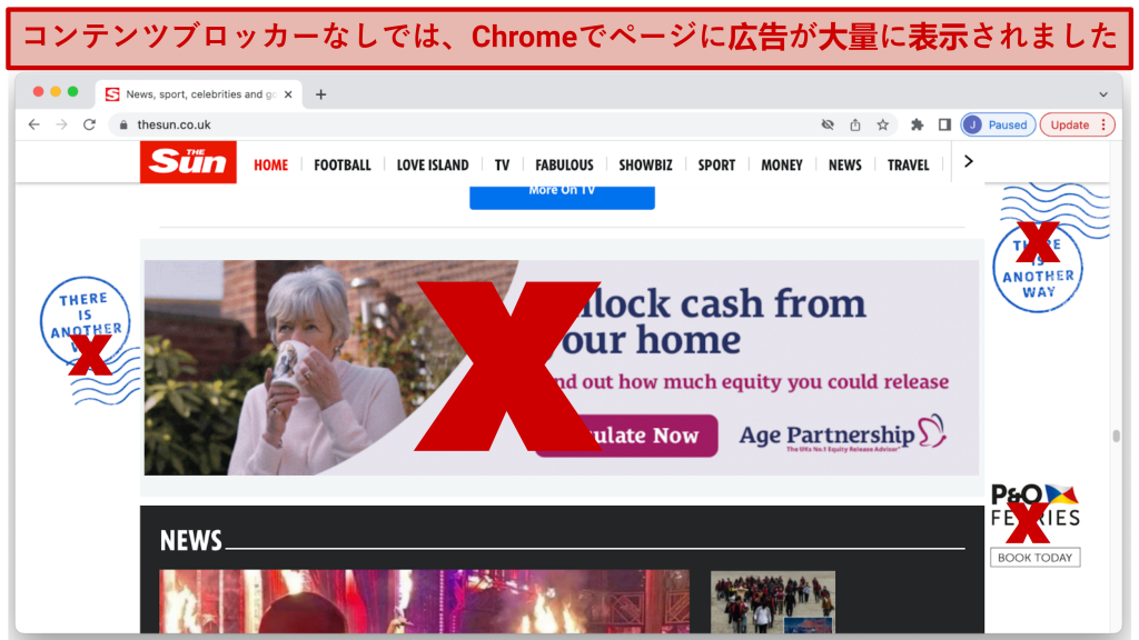 Screenshot showing 4 ads on a Chrome browser without CyberGhost's Block Content