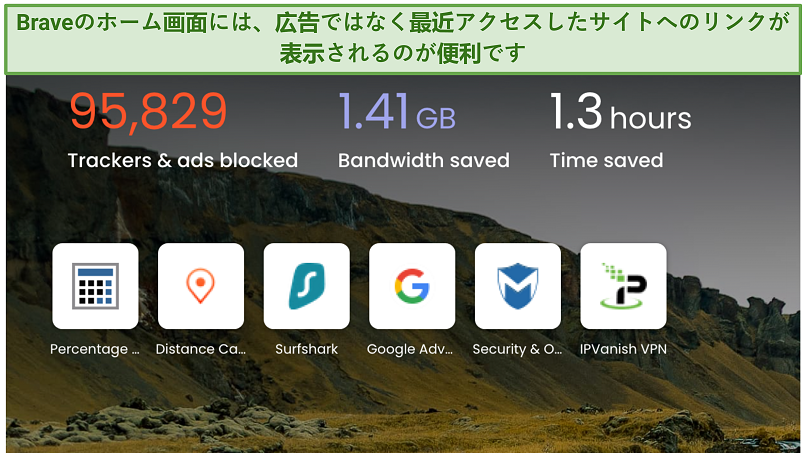 Screenshot showing the Brave browser homescreen with a summary of the number of ads blocked, and the bandwidth and time saved