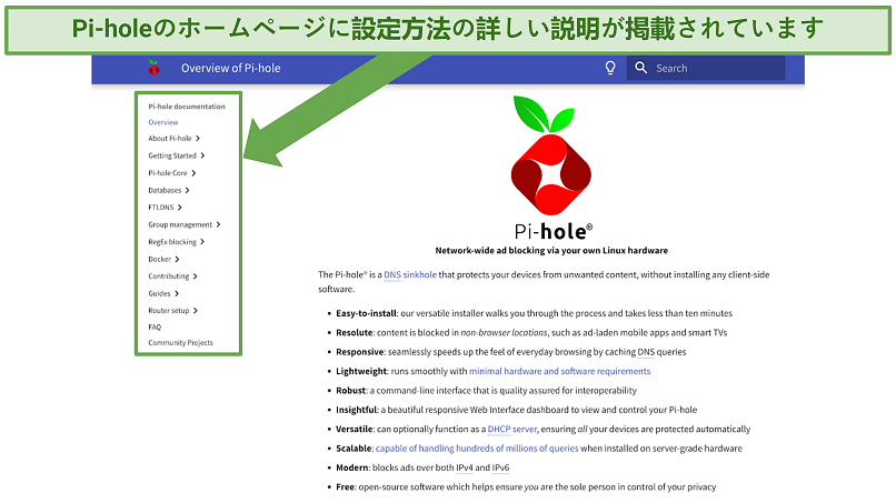 Screenshot showing the setup guide on the Pi-hole website