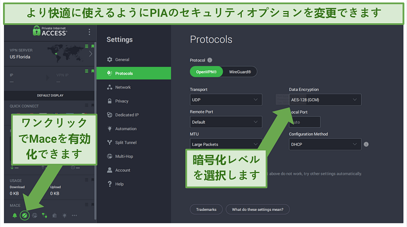PIA's customizable security options, including MACE, encryption levels, and protocols