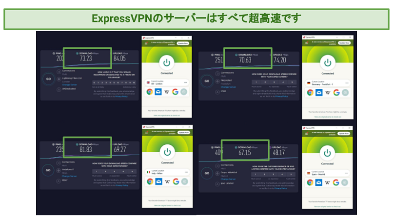 Screenshot of ExpressVPN's speed tests