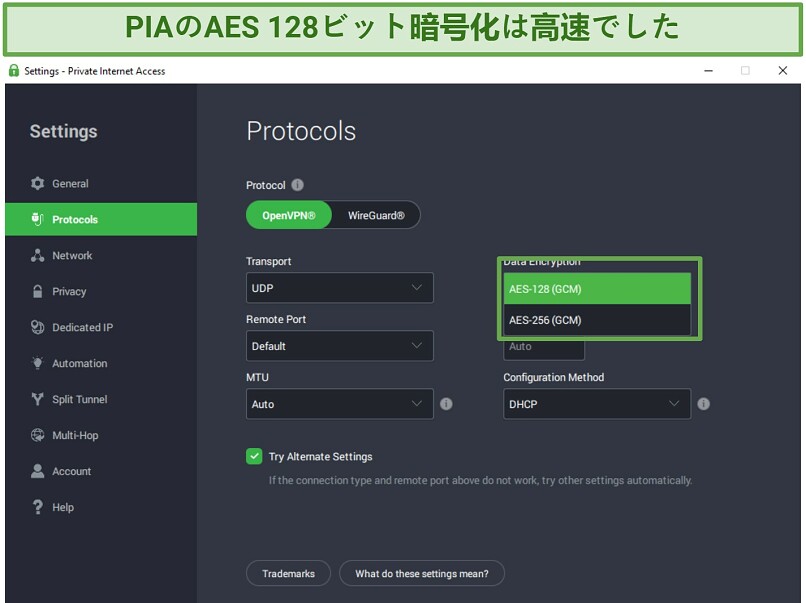 PIAの暗号化オプションを示すスクリーンショットです。