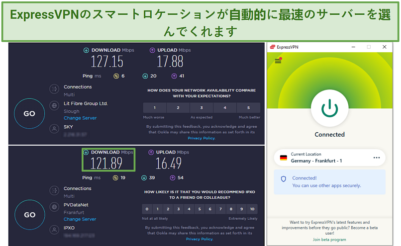 Screenshot of speed test results with and without ExpressVPN connected to the Frankfurt server