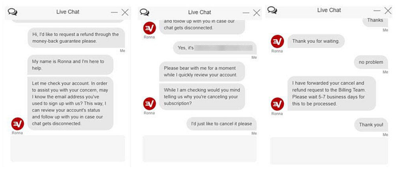 Using ExpressVPN's live chat feature to request a refund and receive confirmation that it is approved