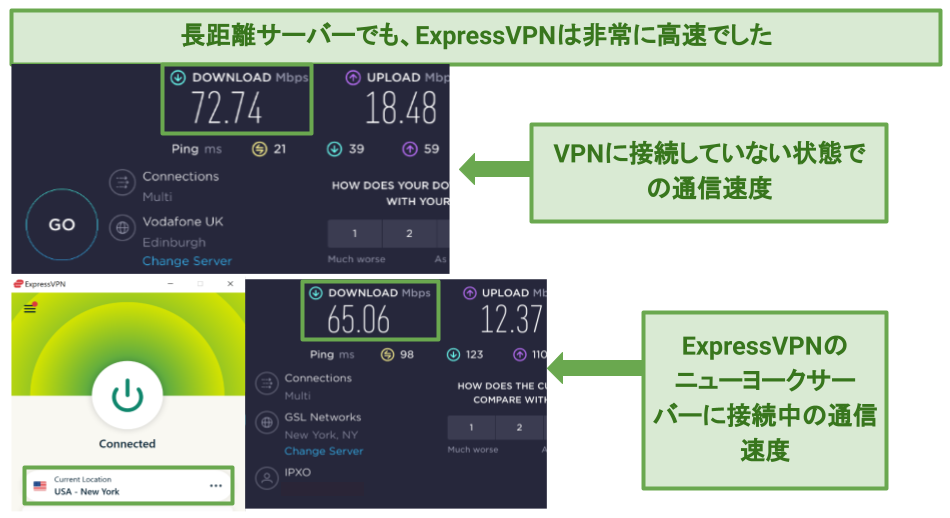 Screenshots of ExpressVPN's speed tests