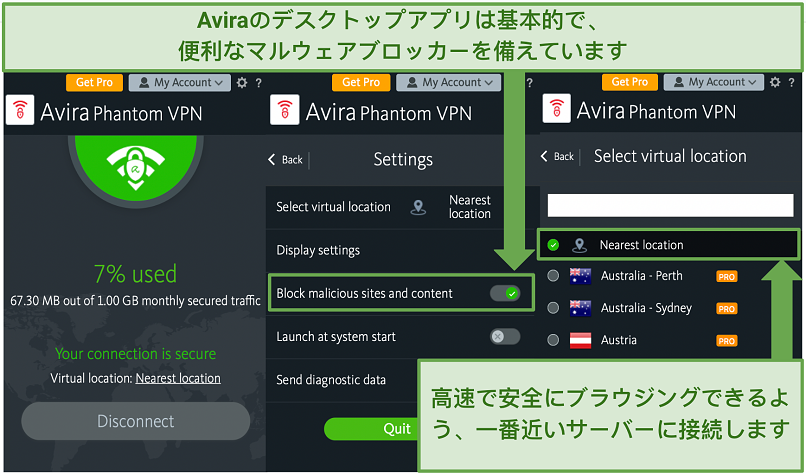 Screenshots of the Avira Phantom VPN app's home screen, settings menu, and server list