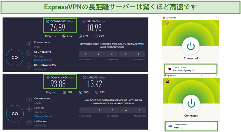 Screenshot of Ookla speed tests done with no VPN connected and while connected to ExpressVPN's Brazil 2 server