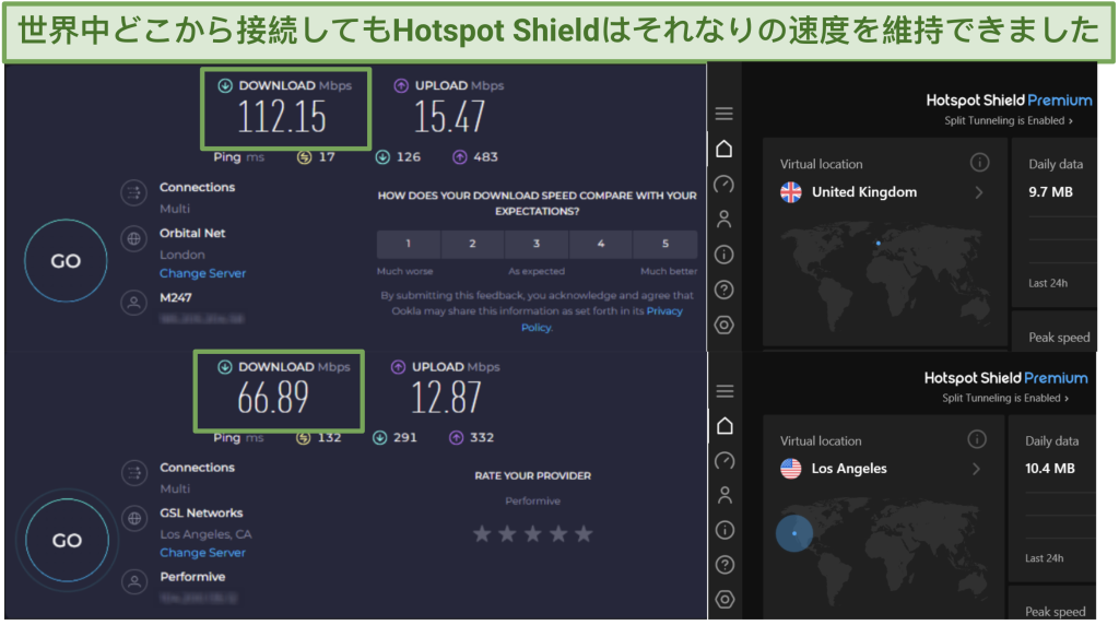 Hotspot Shield's speed test results in LA and London.