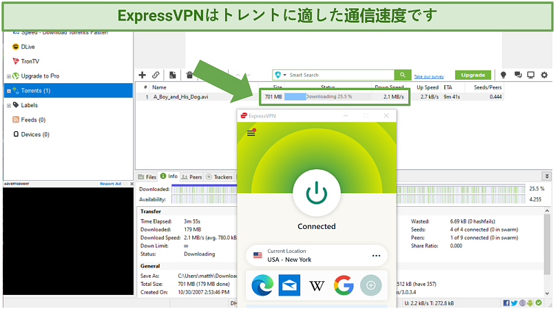 Screenshot of Utorrent downloading A Boy and His Dog while connected to ExpressVPN