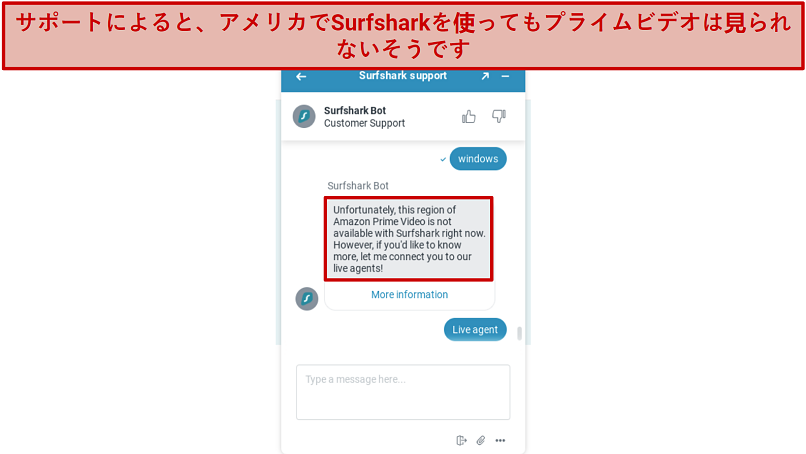 Screenshot of a Surfshark live chat conversation where I was told it's not compatible with Amazon Prime Video US