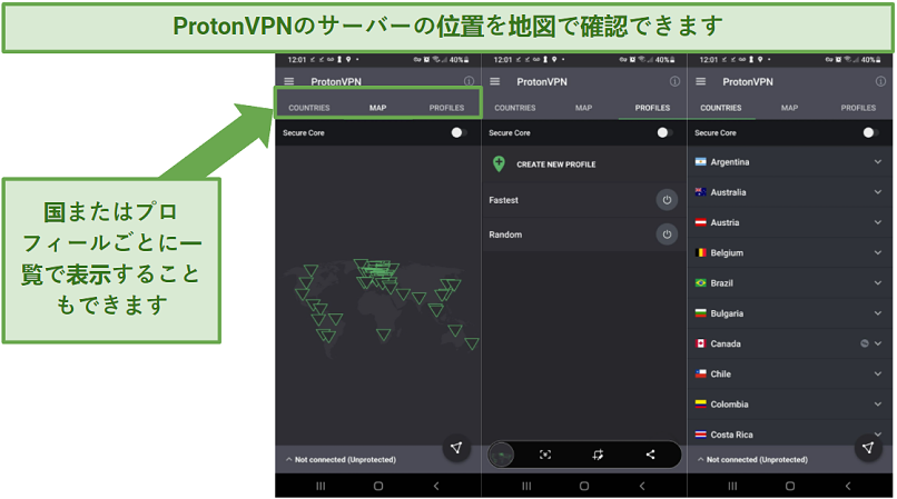 Screenshot of Proton VPN's Android app, showing its world map feature for viewing server locations