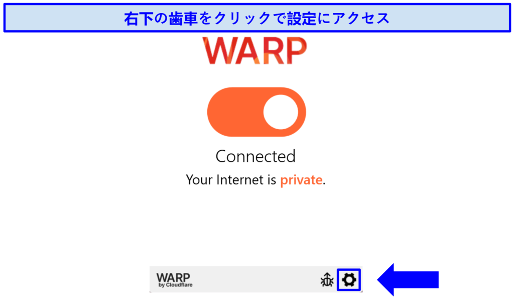 Screenshot of WARP Windows apps highlighting where to access the settings menus