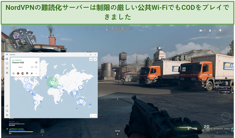 Screenshot of Call of Duty Gameplay with NordVPN's Obfuscated servers connected