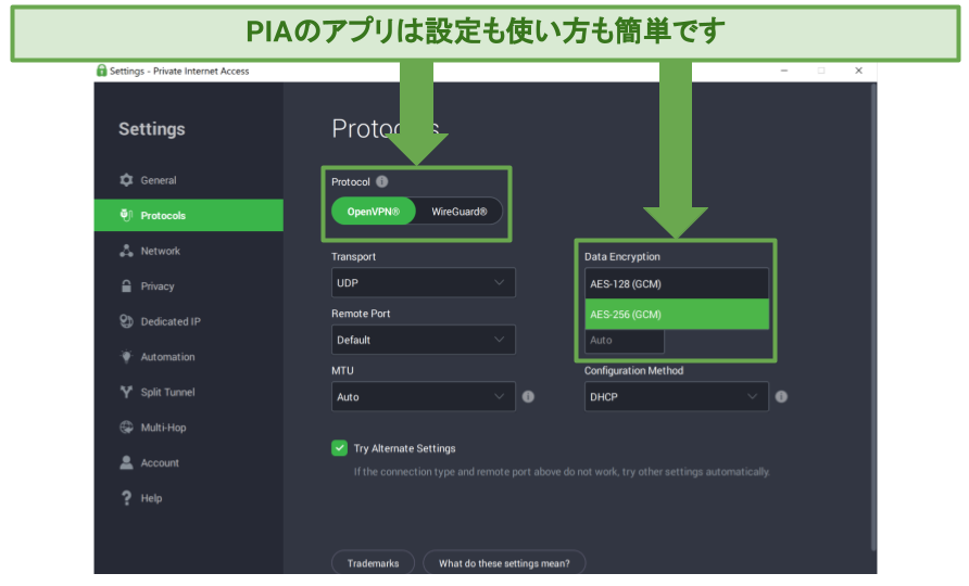 Screenshot of PIA's app showing the customizable settings