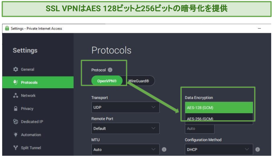 A screenshot of AES 128 and 256-bit encryption on SSL VPN