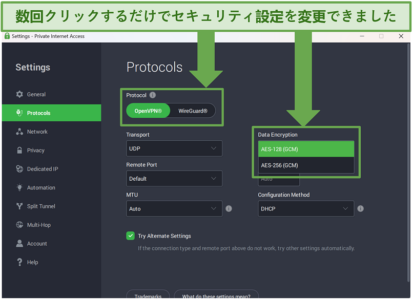 A screenshot showing PIA's customizable security features