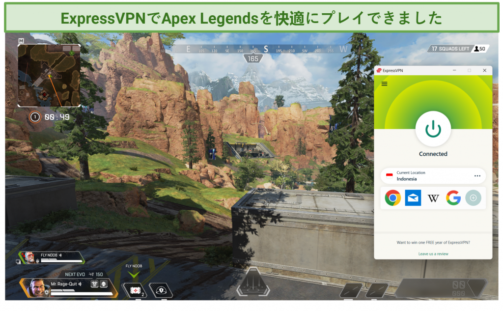 A screenshot showing an Apex Legends gameplay while connected to ExpressVPN's Indonesia server