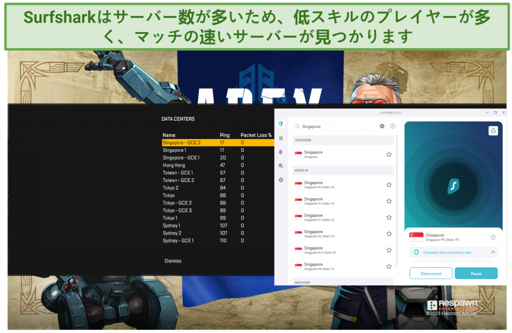 A screenshot of Surfshark's Windows app showing its Singapore locations while displaying ping and packet loss info on Apex Legends in the background