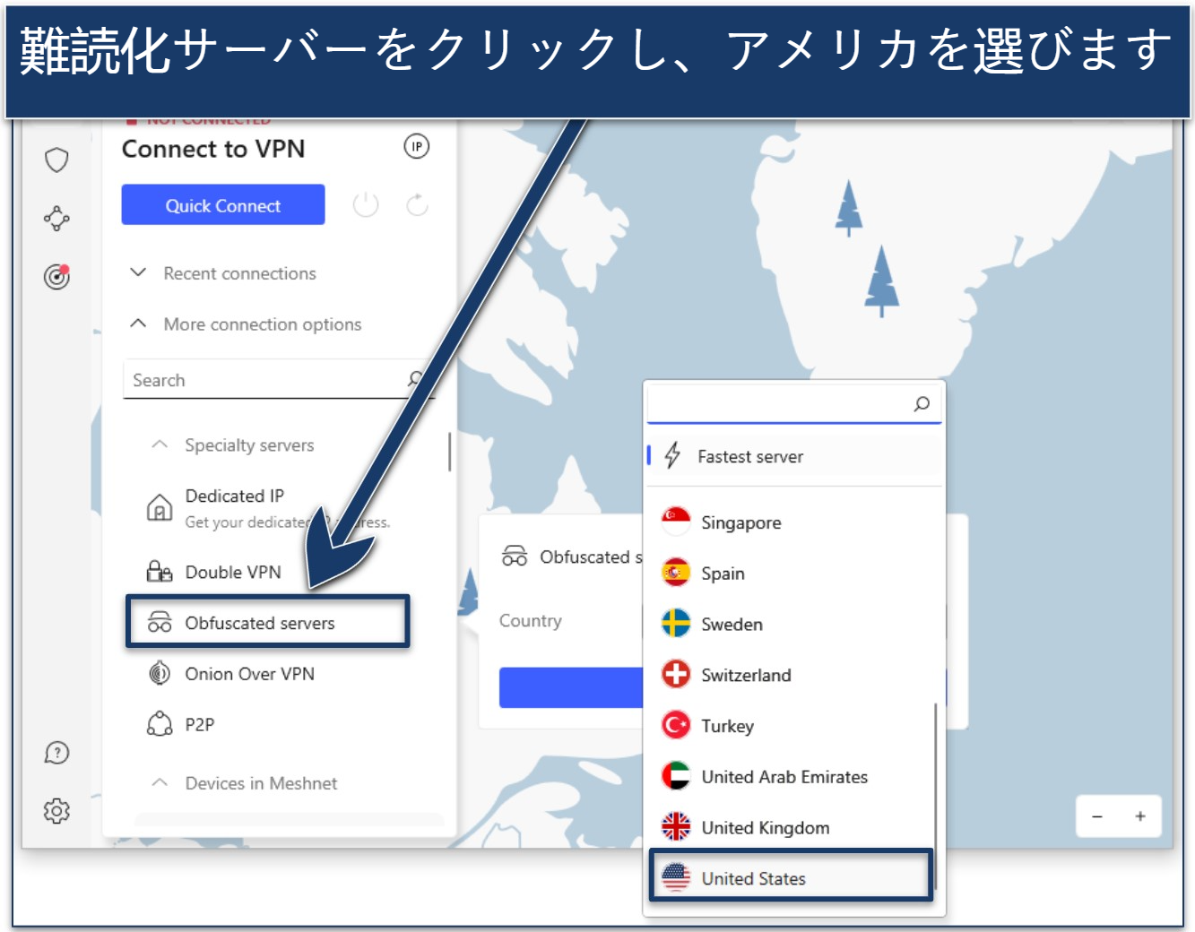 Screenshot of the NordVPN Windows app showing how to connect to obfuscated servers in the US