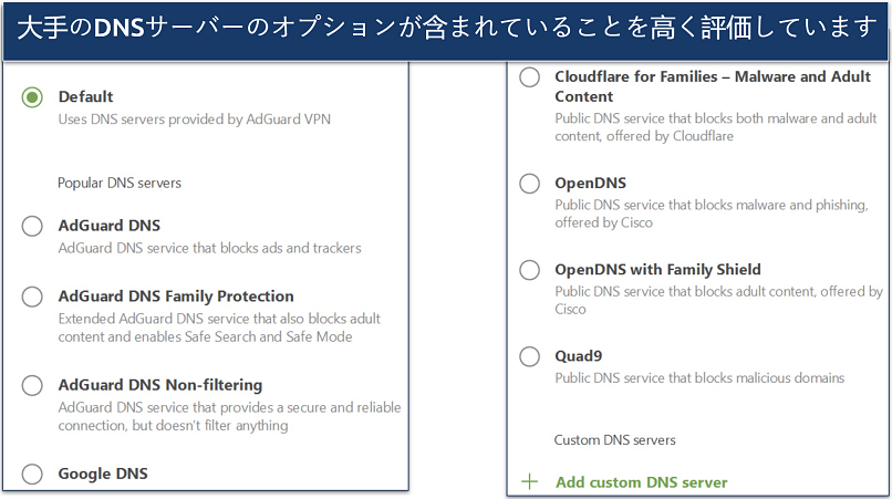 A screenshot showing that AdGuard VPN offers different DNS filtering capabilities, including options for third-party services