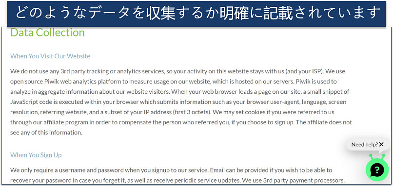 Screenshot of Windscribe's privacy policy showing the data it collects