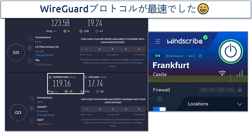 Screenshot of Ookla speed tests done with no VPN and while connected to Windscribe