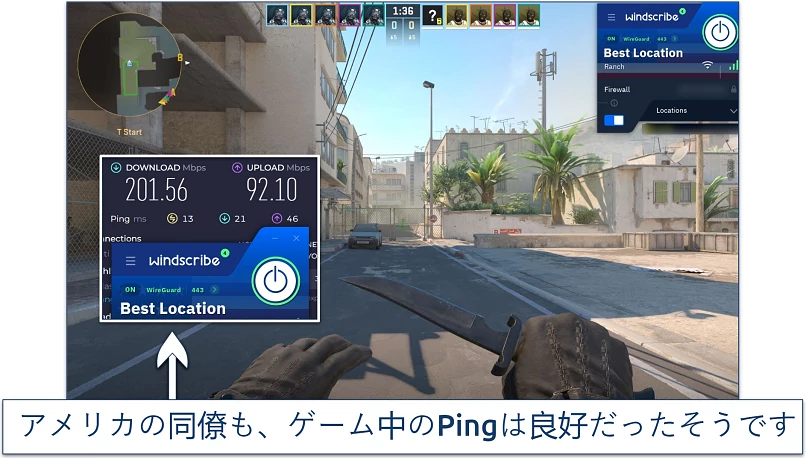 Screenshot of Steam running Counter Strike 2 while connected to Windscribe's Best Location server in Dallas 