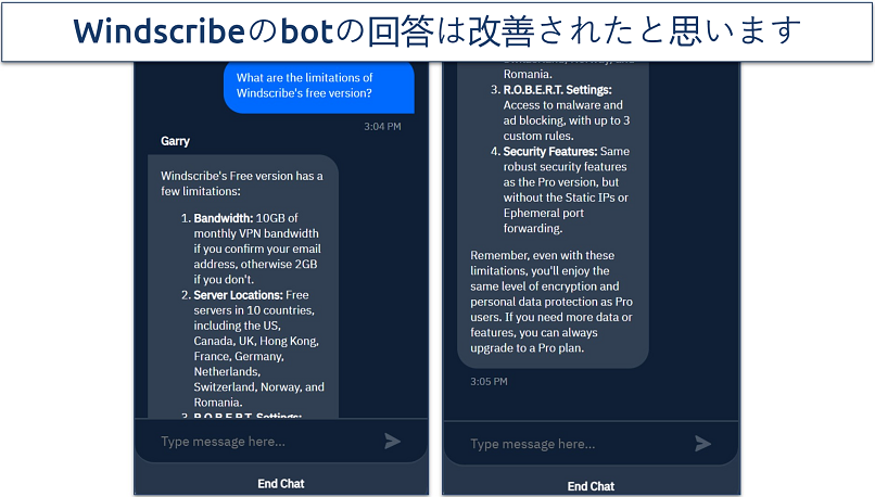 Screenshot of a live chat with Windscribe's bot Garry where I asked for the limitations of its free app