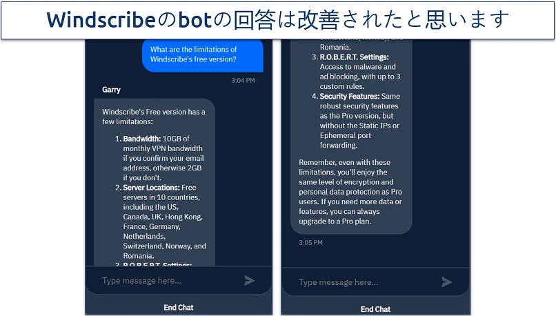 Screenshot of a live chat with Windscribe's bot Garry where I asked for the limitations of its free app