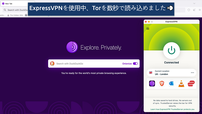 Screenshot of the ExpressVPN app connected to a UK server over Tor browser