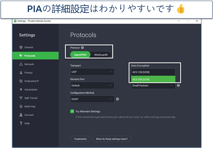 A screenshot of the PIA Windows app with its Protocols settings showing