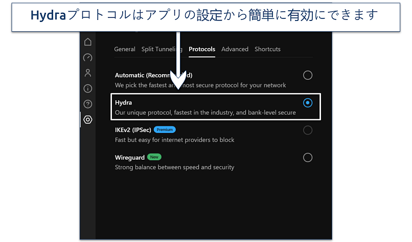 Screenshot showing how to enable Hydra protocol