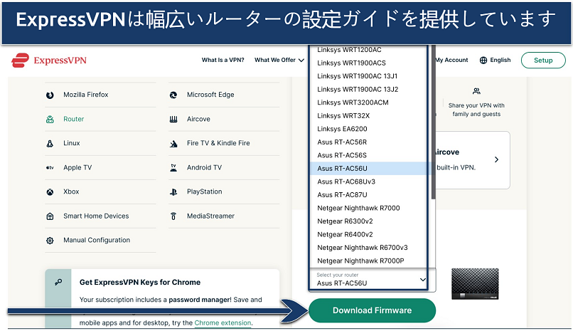 Screenshot of ExpressVPN router installation page showing compatible routers