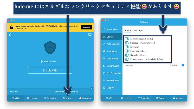Screenshot showing the hide.me app and Settings panel