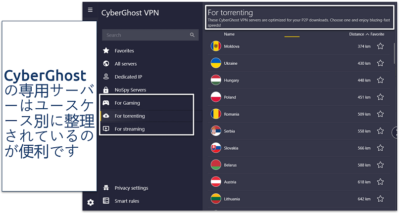 Screenshot of CyberGhost's torrenting servers