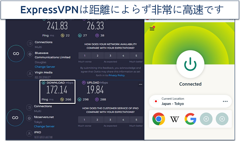 An image showing ExpressVPN's speed test results from the UK to Japan