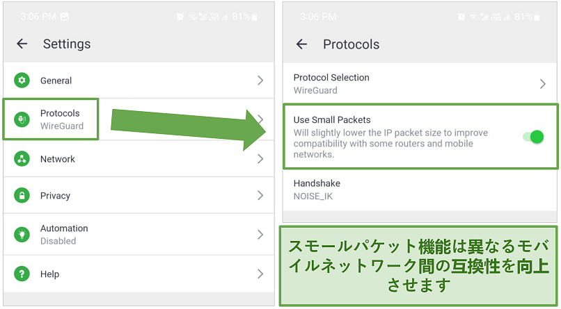 Screenshot of PIA's protocol and small packet settings