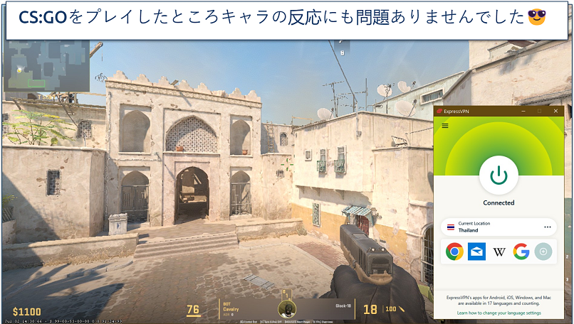 Screenshot of a CS:GO match on Steam with ExpressVPN connected to Thailand