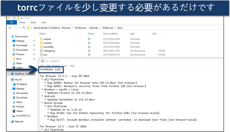 A screenshot on Windows of the torrc file within the Tor Browser file directory