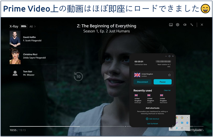 Screenshot showing a show playing on Amazon Prime Video with Surfshark connected to a UK server