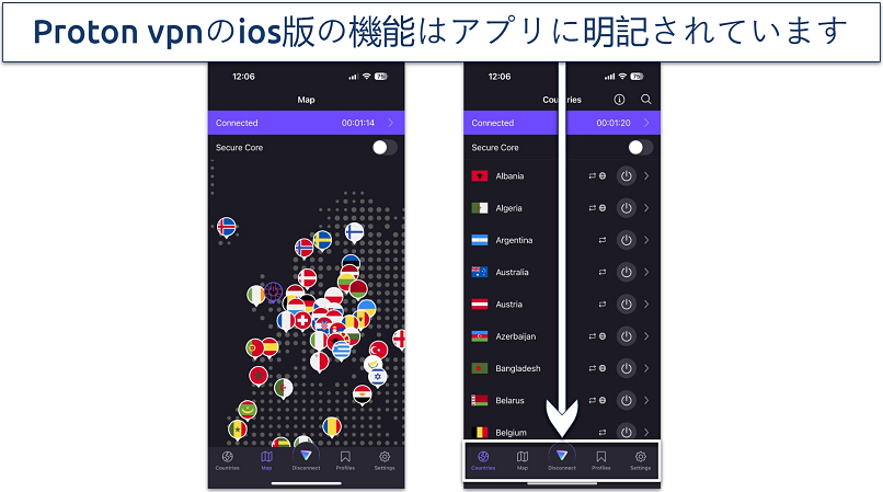 Screenshot of proton vpn's ios app showing server map and server list