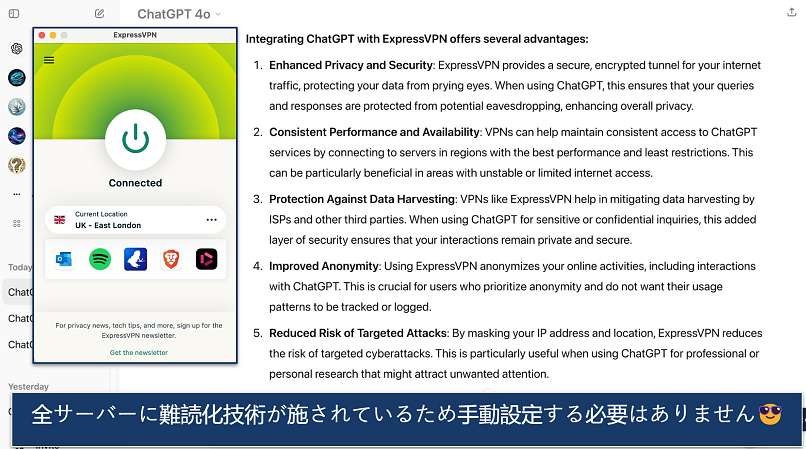 Screenshot showing the ExpressVPN app over a ChatGPT window