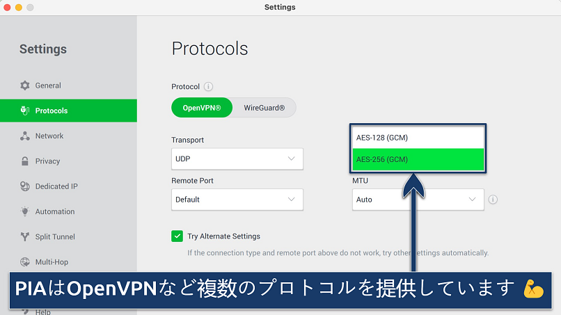 Screenshot showing how to switch encryption levels on the PIA app