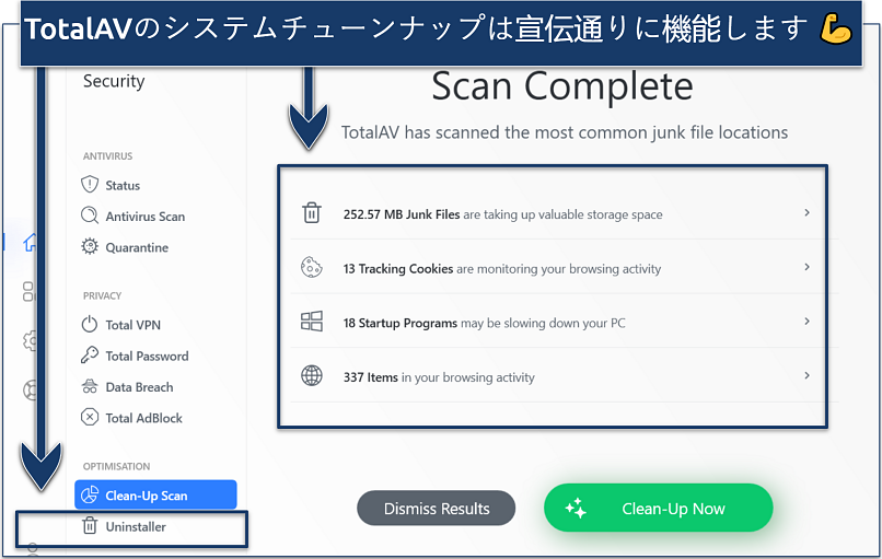 A screenshot showing that TotalAV's optimization tools work as advertised