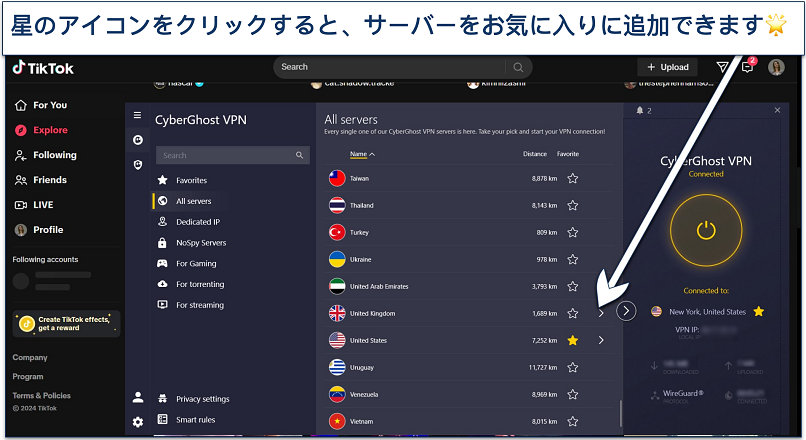 Screenshot of TikTok's explore page with CyberGhost connected to the US